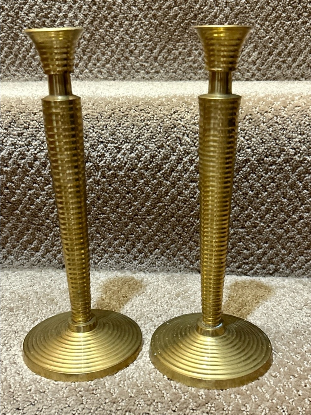 Vtg Heavy Brass candlesticks Ribbed MCM Design 10” Pair, Patina Biedermann India